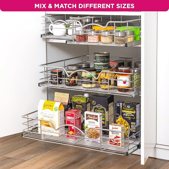 HOLDN’ STORAGE Heavy-Duty Premium Collection Pull Out Cabinet Organizer, Cabinet Drawer Slide Outs, Lifetime Limited Warranty - Basket Size 20" W x 21" D x 5" H, Anti-Rust Chrome Finish