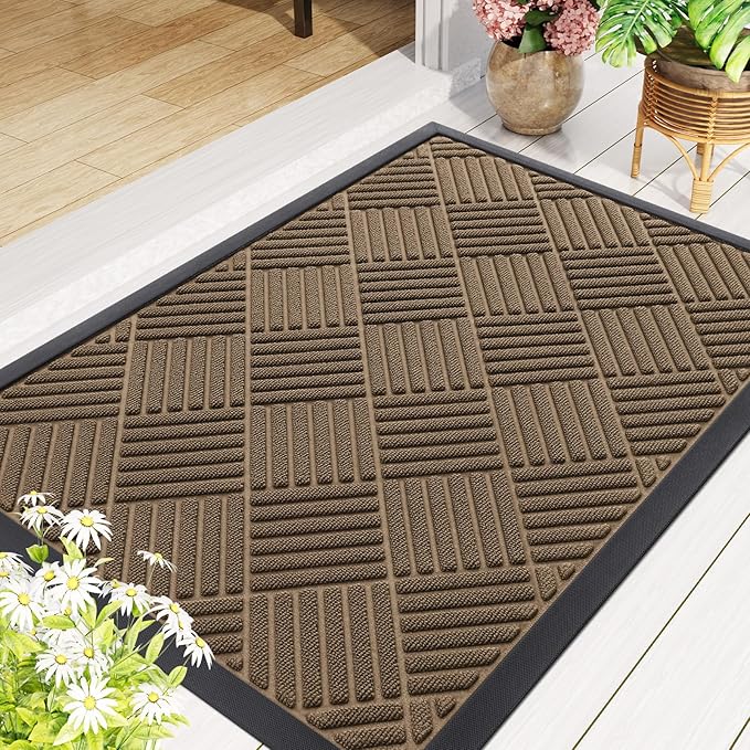 Smiry Front Door Mat Outside Entrance, Heavy Duty Outdoor Indoor Natural Rubber Doormat, Non Slip, Trap Dirt and Moisture, Easy Clean, Low Profile Patio Porch Entryway Mat, 59x23, Brown