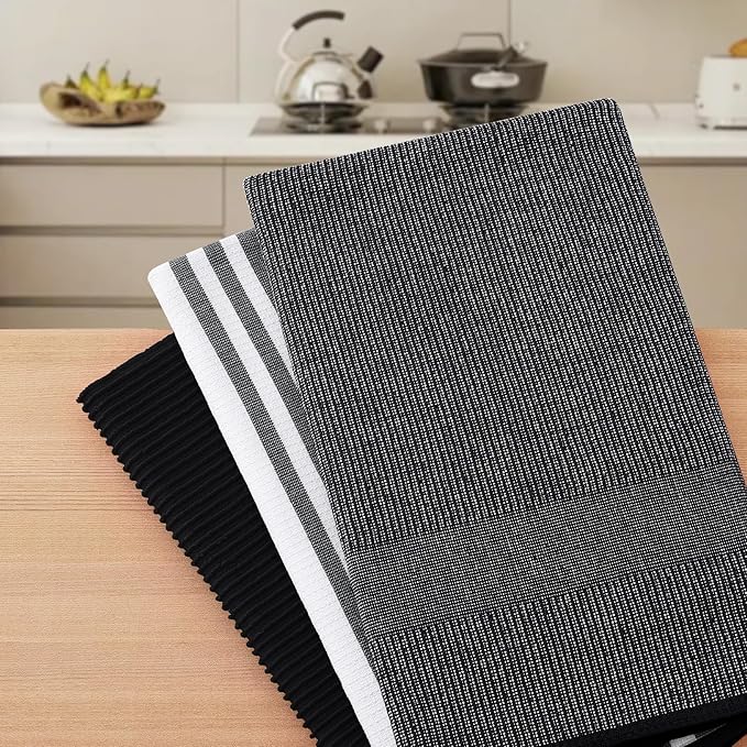 Homaxy Premium Kitchen Towels(18”x 28”, 3 Pack), Large Cotton 380 GSM Kitchen Hand Towels, Soft and Absorbent Terry Dish Towels, Multipurpose Tea Towel Set with Hanging Loop, Black