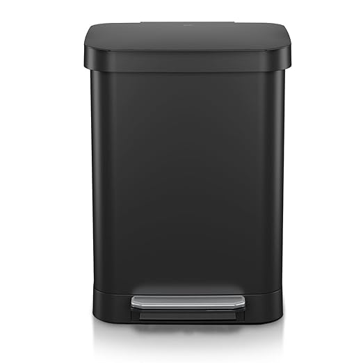 Glad Stainless Steel Step Trash Can, Series 2 with Clorox Protection - Large Black Kitchen Garbage Bin with Soft Close Lid, Foot Pedal and Waste Bag Roll Holder, 13 Gallon