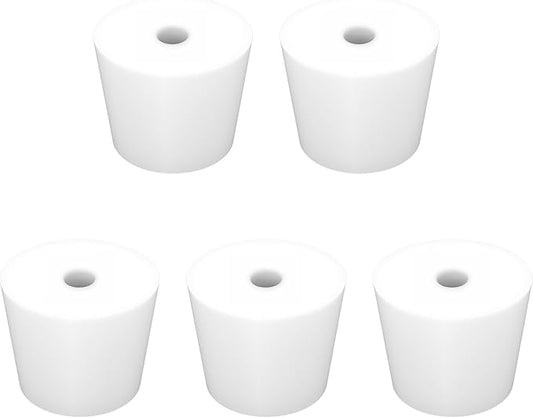 Labasics 5-Pack 8# Single-Hole Silicone Stoppers, White Tapered Lab Seal Stoppers with 0.31" Hole, Durable and Reusable Silicone Plugs for Laboratory Glassware, Airtight Sealing, and Experiments