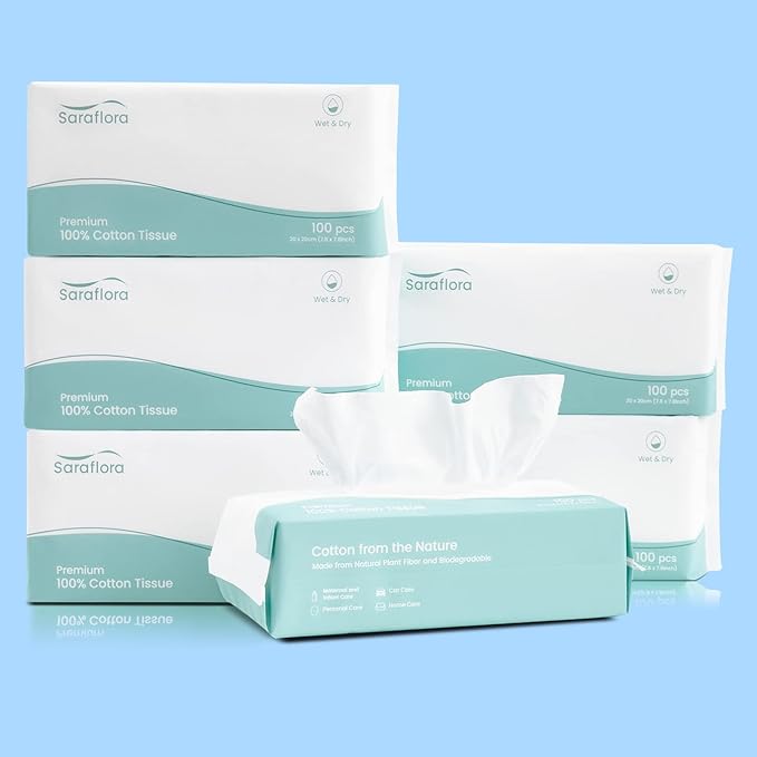 Saraflora 100% Cotton Facial Tissue Soft Dry Wipe 6 Pack, Use for Sensitive Skin Disposable Face Towel Extra Thick Dry and Wet Use Disposable Cotton Tissues for Washing Face Makeup Wipes（600 Count ）