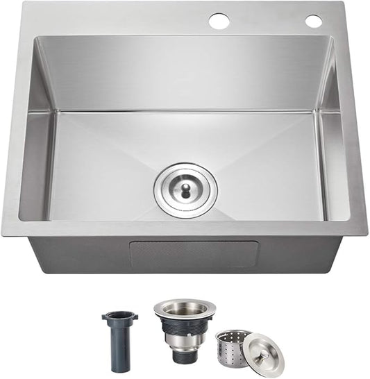 20x16x9 Inch Drop in Kitchen Sink, Handmade 304 Stainless Steel Single Bowl with 2 Holes, R10 Tight Radius, Topmount Installation, for Modern Kitchen/RV Sink, Brushed