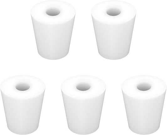 Labasics 5-Pack 4# Single-Hole Silicone Stoppers, White Tapered Lab Seal Stoppers with 0.31" Hole, Durable and Reusable Silicone Plugs for Laboratory Glassware, Airtight Sealing, and Experiments