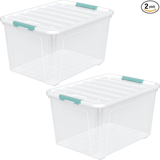 Zopnny 2-Pack Large Latching Box, 85 Quart Plastic Storage Bin with Lid, Stackable Totes w/Wheels, Clear