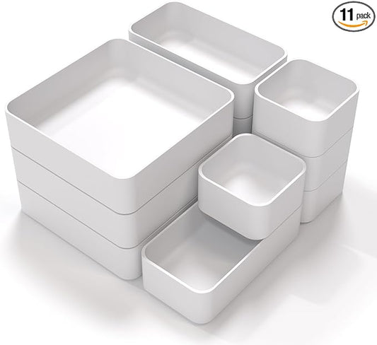 11-Piece Stackable Drawer Organizer Set, Multi-size Desk Drawer Organizer Trays Vanity Storage Bins for Storing Makeup, Stationery, Utensils in Bathroom Dresser, Office and Kitchen