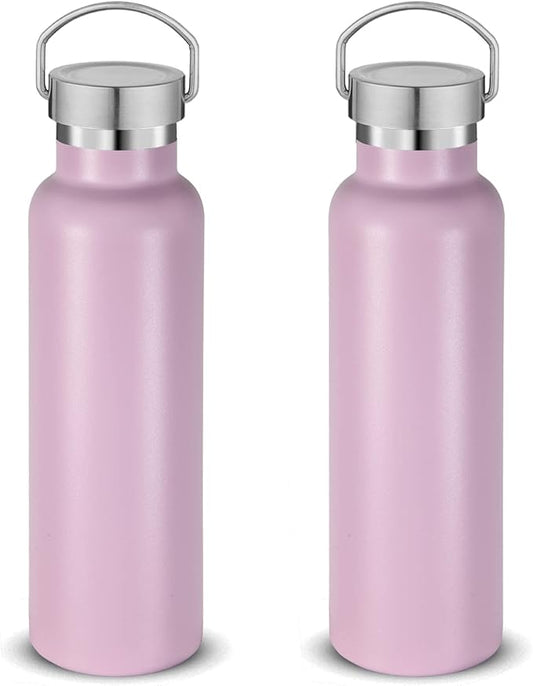 Neihepal 20 oz Insulated Water Bottles Bulk 2 Pack,Stainless Steel Double Wall Sport Bottle with Lid of Handle,Metal Reusable Thermoses Flask with Cup Cap for School,Cyclists,Gift (Pink,Set of 2)