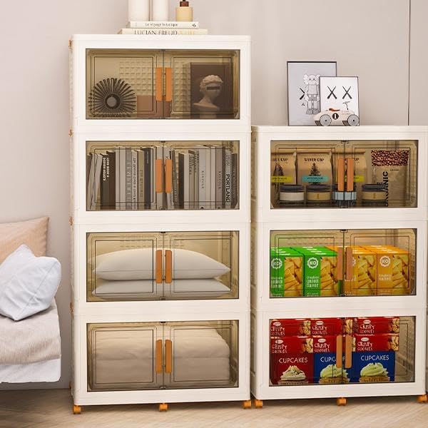 Plastic Stackable Storage Bins with Lids and Wheels, Foldable Closet Organizers and Storage Containers for Bathroom, Collapsible Clear Drawer Storage Cabinet with Doors White 38Gal 4Tiers
