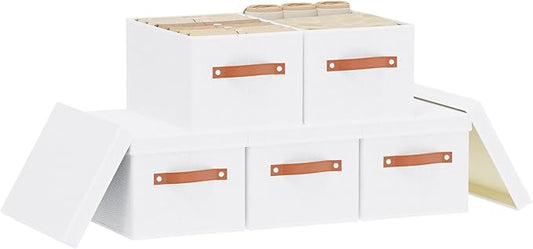Fabric Storage Bins, 7.1 x 9.1 x 13 Inch Clothes Boxes for Shelves with Lids, Baskets for Organizing with Handles, Decorative Linen Closet Organizers, White, 5 Pack