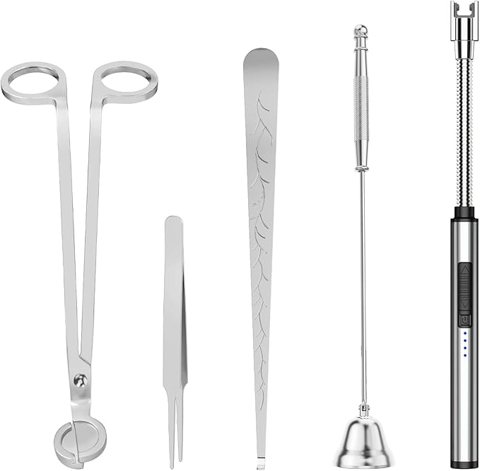 5 in 1 Candle Accessory Set,Candle Wick Trimmer Cutter,Candle Wick Dipper,Candle Wick Snuffer,Rechargeable Candle Lighter,Tweezers,Stainless Steel Candle Care Kit Home Gift for Aromatherapy(Silver)