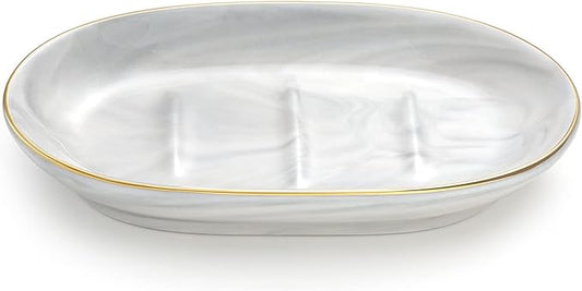 Luxspire Soap Dish Holder, Ceramic Marble Soap Tray Bar Soap Holder with Gold Trim, Oval Sponge Case Box Hand Soap Plate Container for Bathroom Vanity Shower Kitchen Sink Easy Cleaning, Marble White