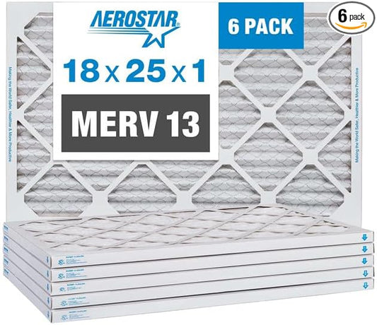 Aerostar 18x25x1 MERV 13, Pleated Air Filter, 18x25x1, Box of 6, Made in the USA