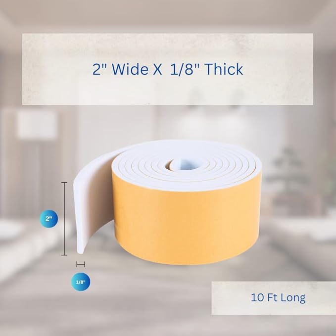 High Density Foam Weather Stripping Door Seal Strip Insulation Tape Roll for Insulating Door Frame, Window, Air Conditioner | Self Adhesive Sealing Weatherstrip (2 in x 1/8 in x 10 Ft, White)