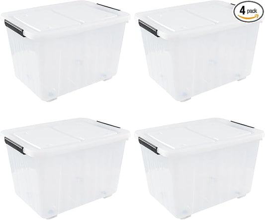 4-Pack 42 L Clear Plastic Storage Container Bin with Lids and Latch Buckle, Clear Storage Latch Box/Bin with Wheels