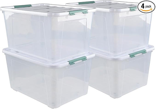 80 L Large Clear View Plastic Storage Bin with Lid and Secure Latching Buckles, 4-Pack Wheeled Clear Storage Boxes