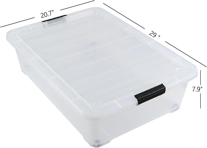 3-Pack 50 Quart Under the Bed Low Profile Storage Boxes, Large Under Bed Storage Bin with Easy Rolling Caster Wheels, Clear