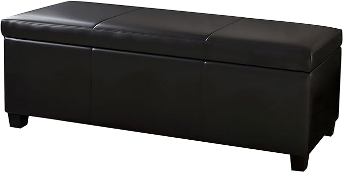 BELLEZE Storage Faux Leather Ottoman, 47 Inch Bench Bedroom Bench with Safety Close Hinge, Extra Long Ottoman with Storage for Living Room, Entryway, Hallway, Foot Rest, Support 300lbs - Black