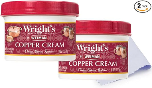 Wright's Copper Cream Cleaner - 8 Ounce 2 Pack with Polishing Cloth - Gently Cleans and Removes Tarnish without Scratching