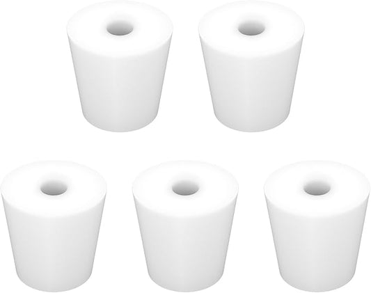 Labasics 5-Pack 5# Single-Hole Silicone Stoppers, White Tapered Lab Seal Stoppers with 0.31" Hole, Durable and Reusable Silicone Plugs for Laboratory Glassware, Airtight Sealing, and Experiments