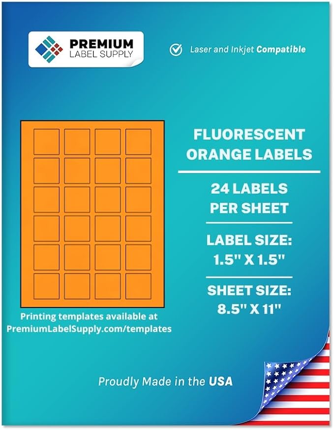Premium Label Supply Bright Neon Color Fluorescent Sticker Labels - 1.5" x 1.5" Square Labels - (Fluorescent Orange, 600 Labels)