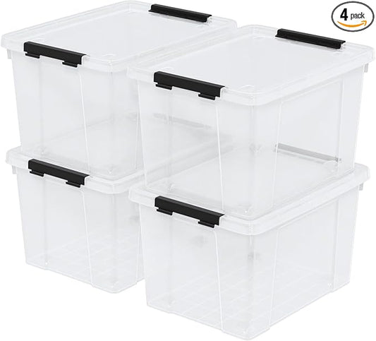Zopnny 40 Quart Clear Latching Box with Wheels, Plastic Storage Containers with Lids, 4 Pack
