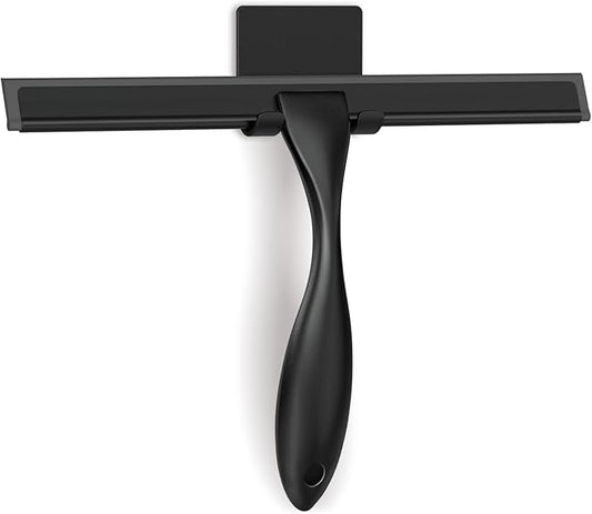 All-Purpose Stainless Steel Shower Squeegee for Glass Doors with Adhesive Hooks, Squeegee for Shower Glass, Bathroom Household Cleaner Tool for Window Mirror Tile Wall Car, 10 Inch Black