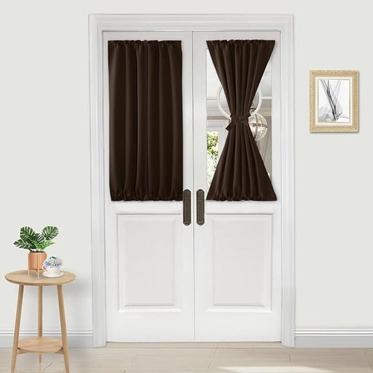 DWCN French Door Curtains – Rod Pocket Thermal Blackout Curtain for Doors with Glass Window, Kitchen and Patio Doors for Privacy, 25 X 40 Inch Length, 1 Curtain Panel with Tieback, Brown
