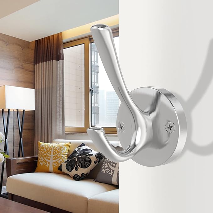 Brushed Nickel Robe Hooks Towel Hooks, 3 Pack Coat Hook Heavy Duty Mudroom Hook Double Bathrobe Hook Wall Mounted, Hat Hooks for Entryway Bathroom Kitchen Closet