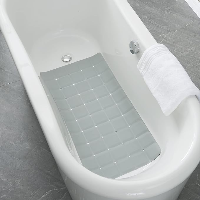Foldable Silicone Bathtub Mat: Jumbo Size Heavy Duty Safety Bath Mat for Tub Without Suction Cups Non Slip Bath & Shower Mat for Textured, Reglazed, Refinished Tub (Grey, 35.8 x 17.7)