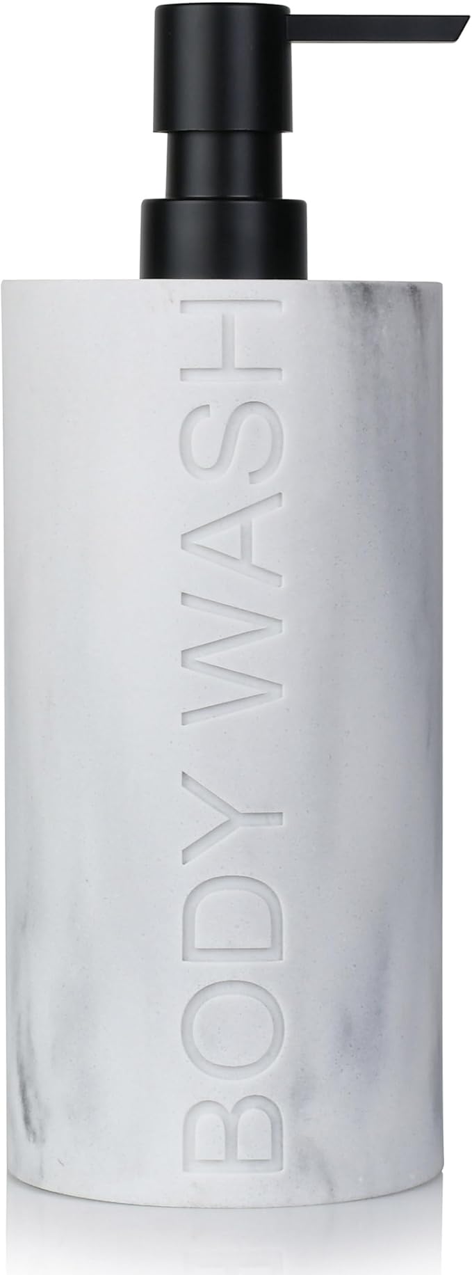 White Body Wash Dispenser Luxurious Refillable Pump Bottle with Embossed Text, Durable Construction for Bathroom and Kitchen