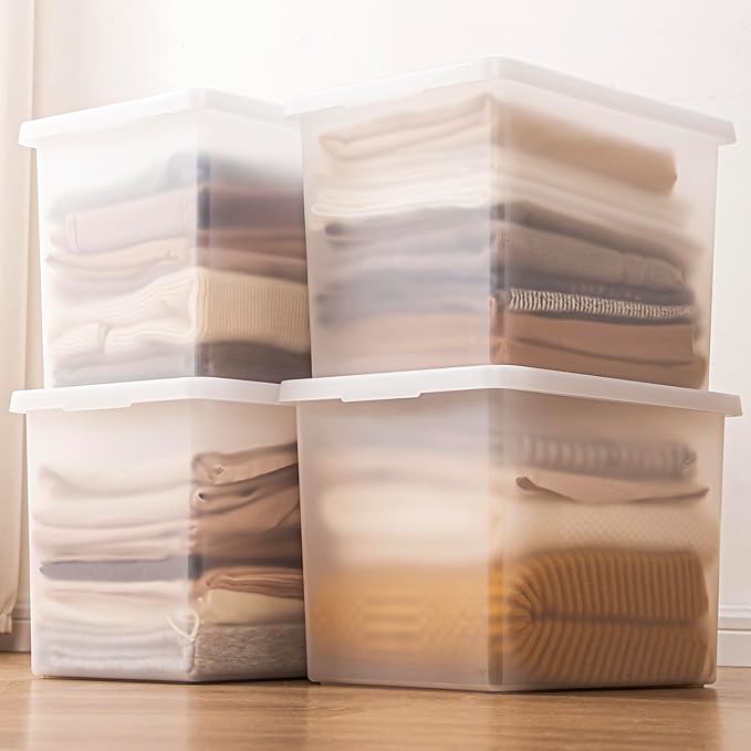 Stackable Plastic Storage Bins with Lids,Container to Organize Shoes and Crafts on Closet Shelves,Garage, Totes, Tubs Boxes Organizing 4 Pack (N-4XXL)