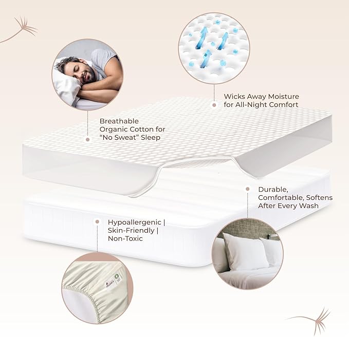 100% Cotton Organic Mattress Pad - Breathable & Cooling Mattress Protector King Size - Premium 300GSM Quilted and Noiseless Machine Washable Organic Mattress Protector (White, King)
