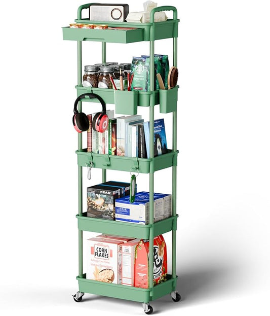 5 Tier Rolling Cart Organizer,Bathroom Cart Organizers with Wheels Laundry Room Organization Mobile Shelving Unit Utility Cart Storage Shelves Multi-Functional for Office, Home(Green)