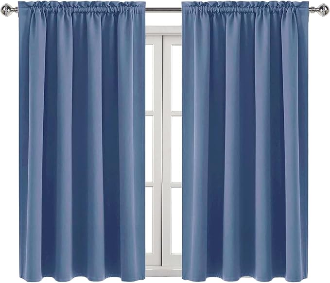 DWCN Blackout Curtains – Thermal Insulated, Energy Saving & Noise Reducing Bedroom and Living Room Curtains, Dusty Blue, W 52x L 45 Inch, Set of 2 Rod Pocket Curtain Panels