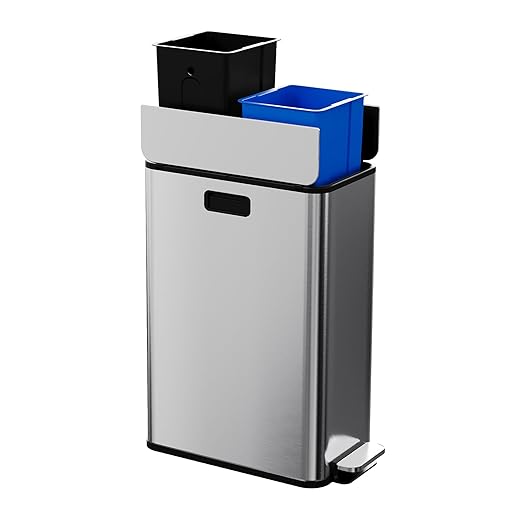 15-Gallon Dual Trash Can, Step-On Pedal Kitchen Trash Bin with Butterfly Lid, Odor-Proof Stainless Steel Large Trash Recycle Bin Combo with Removable Inner Buckets (2 x 28L) - Silver
