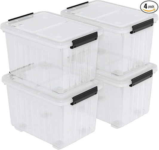 50 Quart Large Plastic Latching Box with Lid, Clear Storage Bin with Wheels, Stackable, 4 Packs