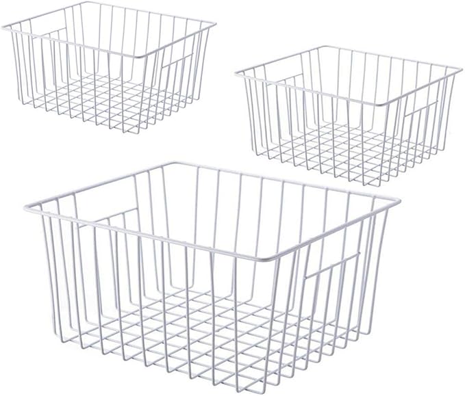 Upright Freezer Organizer Bins， Freezer Baskets for 14, 15 cu.ft Standup Freezer, Wire Storage Bins with Built-in Handles for Frozen Foods, Snacks, Vegetables, Fruits and More, 3Pcs , White
