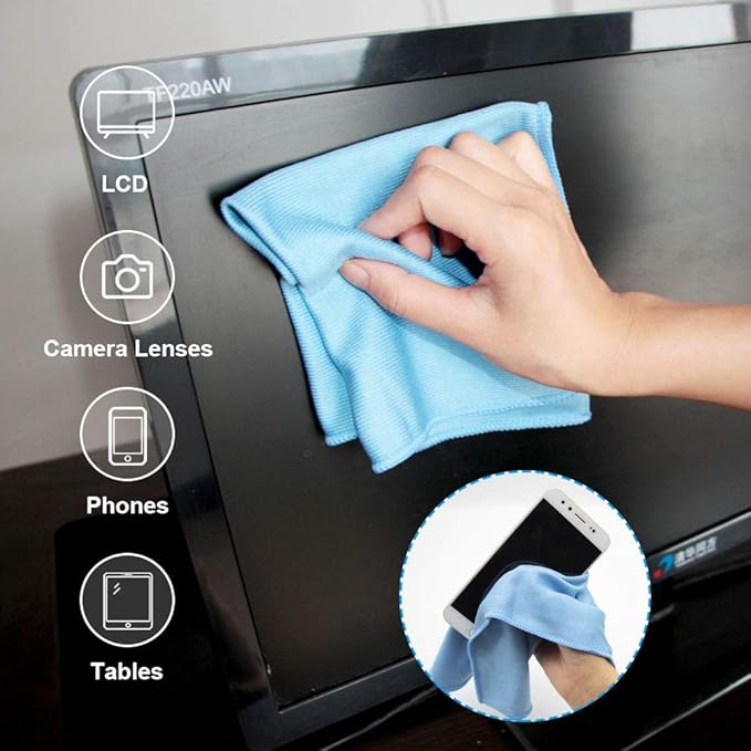 Auto Care Microfiber Glass Cleaning Cloths Towels for Windows Mirrors Windshield Computer Screen TV Tablets Dishes Camera Lenses Chemical Free Lint Free Scratch Free (12"x12", Blue, 8 Pack)