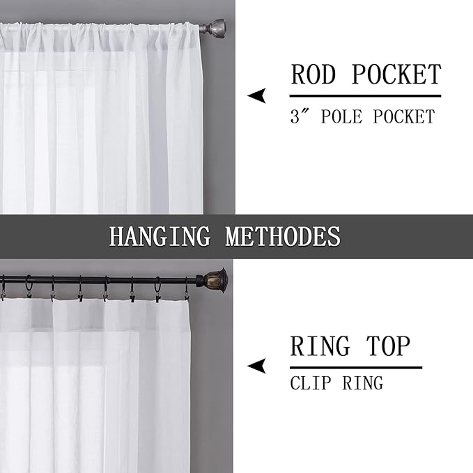 Tollpiz Sheer Curtains Bedroom Linen Textured Curtain Sheers Light Filtering Voile Rod Pocket Curtains for Living Room, 38 x 84 inches Long, White, Set of 2 Panels