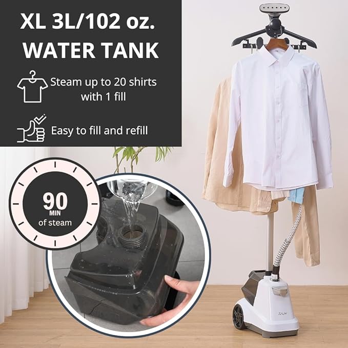 SALAV® Heavy Duty Smart Auto Shut-off Commercial Full-Size Garment Steamer, Beeping Alert when Water Runs out, Foot Pedal Control, XL 3L (101.5 oz) Tank, 1800 watts, 90+min of Continuous Steam, White