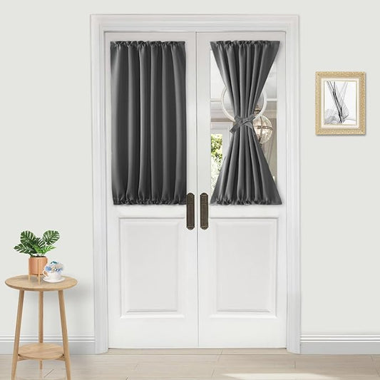 DWCN French Door Curtains – Rod Pocket Thermal Blackout Curtain for Doors with Glass Window, Kitchen and Patio Doors for Privacy, 25 X 40 Inch Length, 1 Curtain Panel with Tieback, Dark Grey