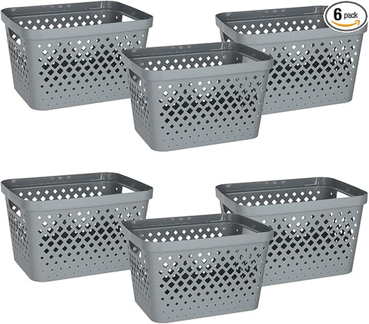 Glad Plastic Storage Basket Set, Value Pack of 6 | Open Storage Bins for Shelves, Bathroom, Pantry, Closet | Nesting Organizer Boxes with Handles, 4 Gallon, Grey