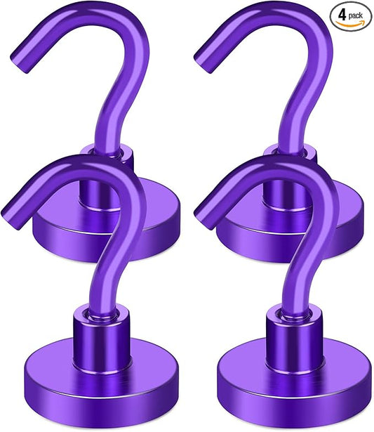 MIKEDE Magnetic Hooks Heavy Duty, 28LB+ Strong Magnets with Hook for Fridge, Neodymium Extra Strength Industrial Hooks for Hanging, Magnetic Hanger for Toolbox, Cruise, Grill (Purple, 4 Pack)