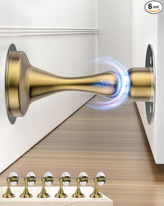 Door Stoppers Magnetic Door Catch - 6 Pack Stainless Steel Heavy Duty Door Stops for Bottom of Door, Wall & Floor Mounting No-Drill Strong Adhesive & Screws, Strong Door Holder to Keep Door Open,Gold