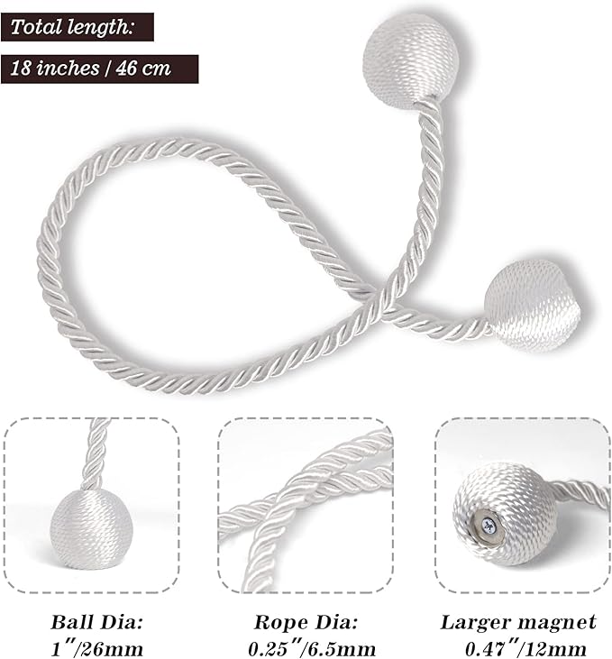 Hion Magnetic Curtain Tiebacks White 2pcs, Curtain Tiebacks Buckles Holdbacks Holders Hooks Clip for Home Bedroom Office Decorative Curtain