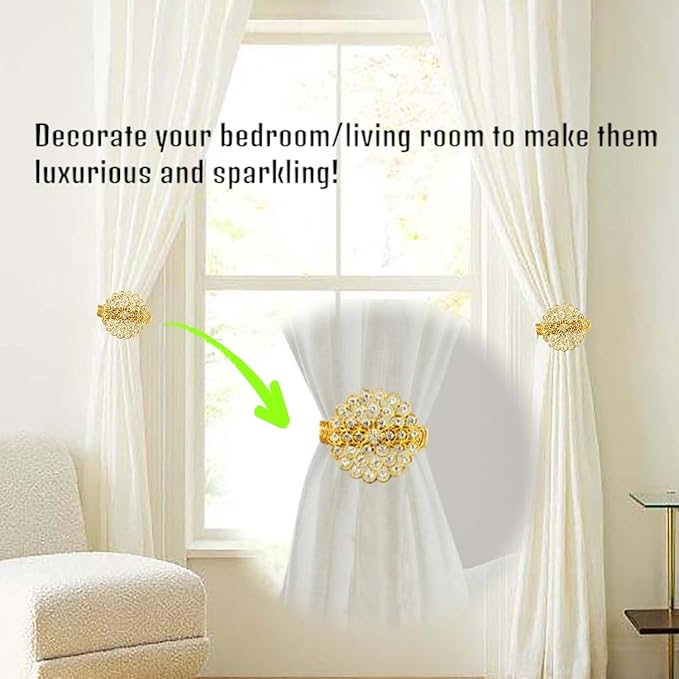2 Pack Crystal Flower Curtain Tiebacks – Decorative Spring Wire Buckle Clips with Sparkling Rhinestone Flower Design, No Drilling, Easy Fit for Drapes & Sheers (Silver)
