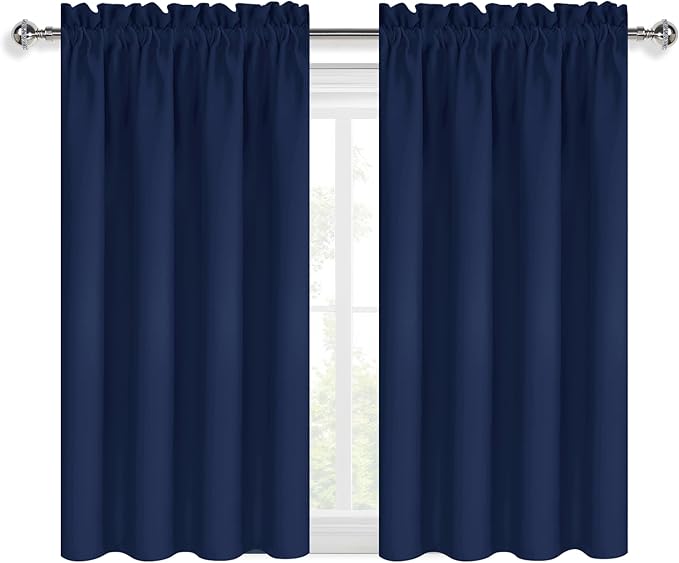 DWCN Short Blackout Curtains for Bedroom 45 Inches Long 2 Panels Set, Solid Thermal Insulated Energy Saving Window Treatment Drapes, Rod Pocket Curtains for Kids Boys Room (W42 x L45 Inch, Navy Blue)