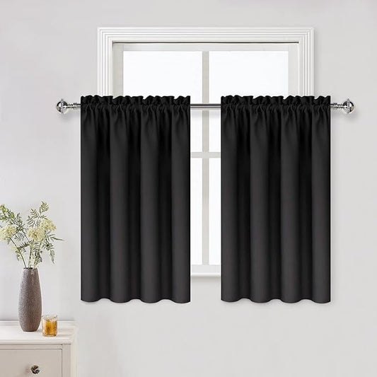 DWCN Black Short Blackout Curtains for Small Window, Thermal Insulated Energy Saving Room Darkening Curtains for Kitchen/Bedroom (W42 x L36 inch, Set of 2 Panels, Top of Rod Pocket)
