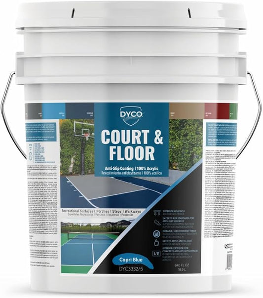 DYCO Court & Floor Anti-Slip Coating - Slip-Resistant Pavement, Cement & Concrete Paint for Pickleball, Tennis & Basketball Courts, Exceeds ADA Standards for Safety Areas (Capri Blue, 5 Gallons)