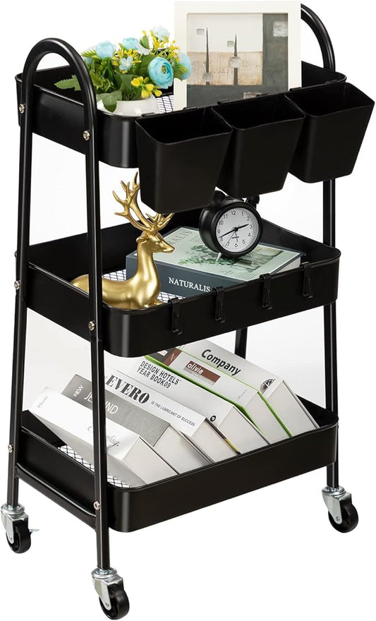 danpinera 3-Tier Rolling Cart, Metal Rolling Storage Cart with Lockable Wheels & Hanging Cups & Hooks, Mobile Trolley Cart for Kitchen, Bathroom, Office, Workshop, Black